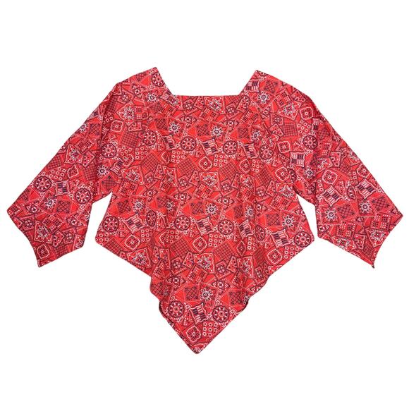 Vintage 70s Handmade Boho Bandana Print Blouse Red Handkerchief Hem Western Top - Picture 1 of 6